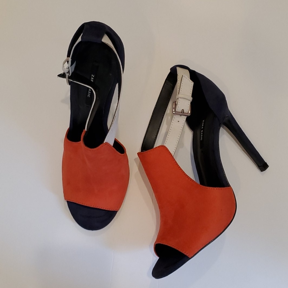 Zara Navy Orange Colorblock Peep Toe Pumps
